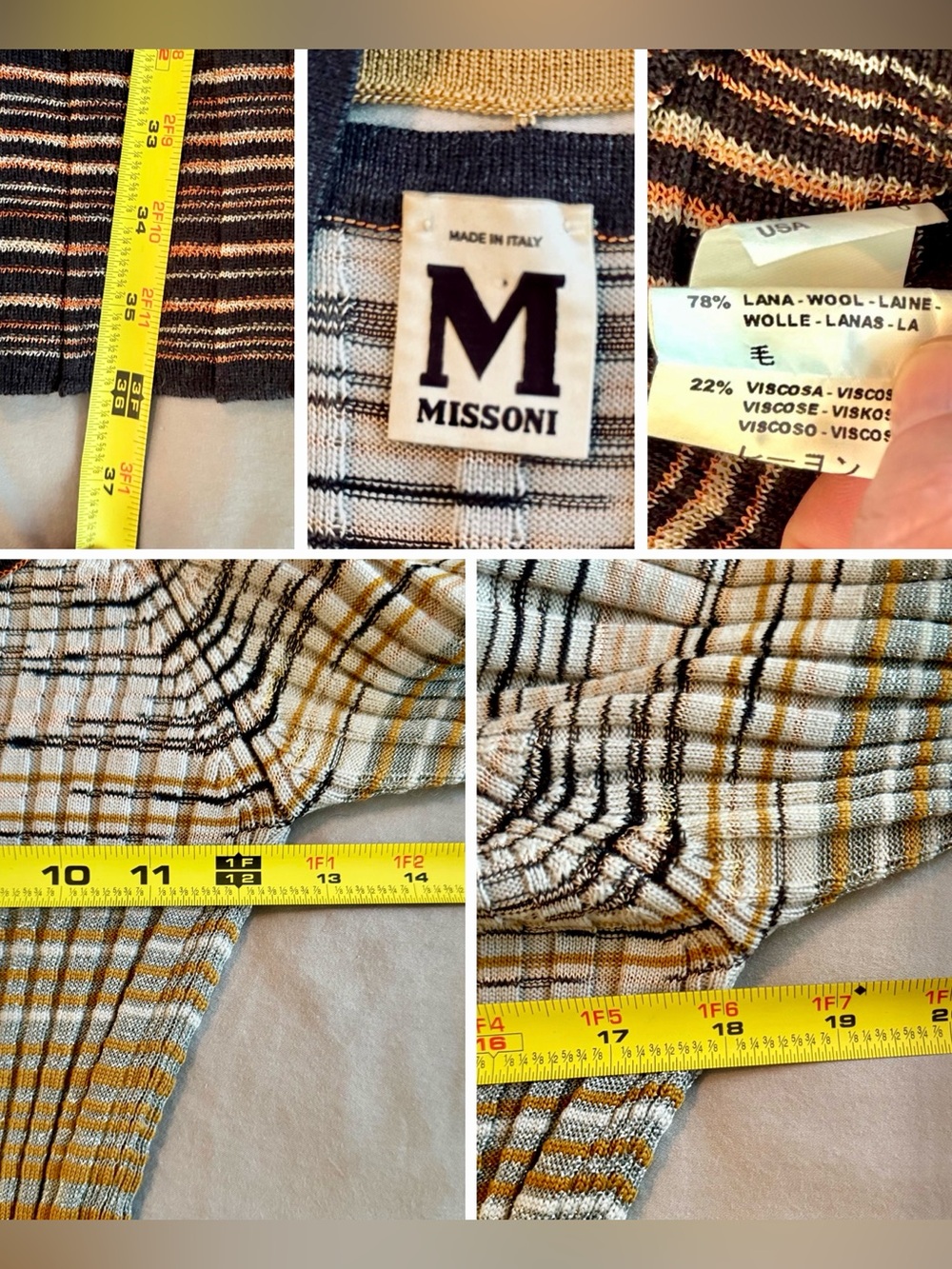 MISSONI Fitted Metallic Silver Black Gold Striped Ribbed Knit Midi Dress w Slip - Picture 14 of 16